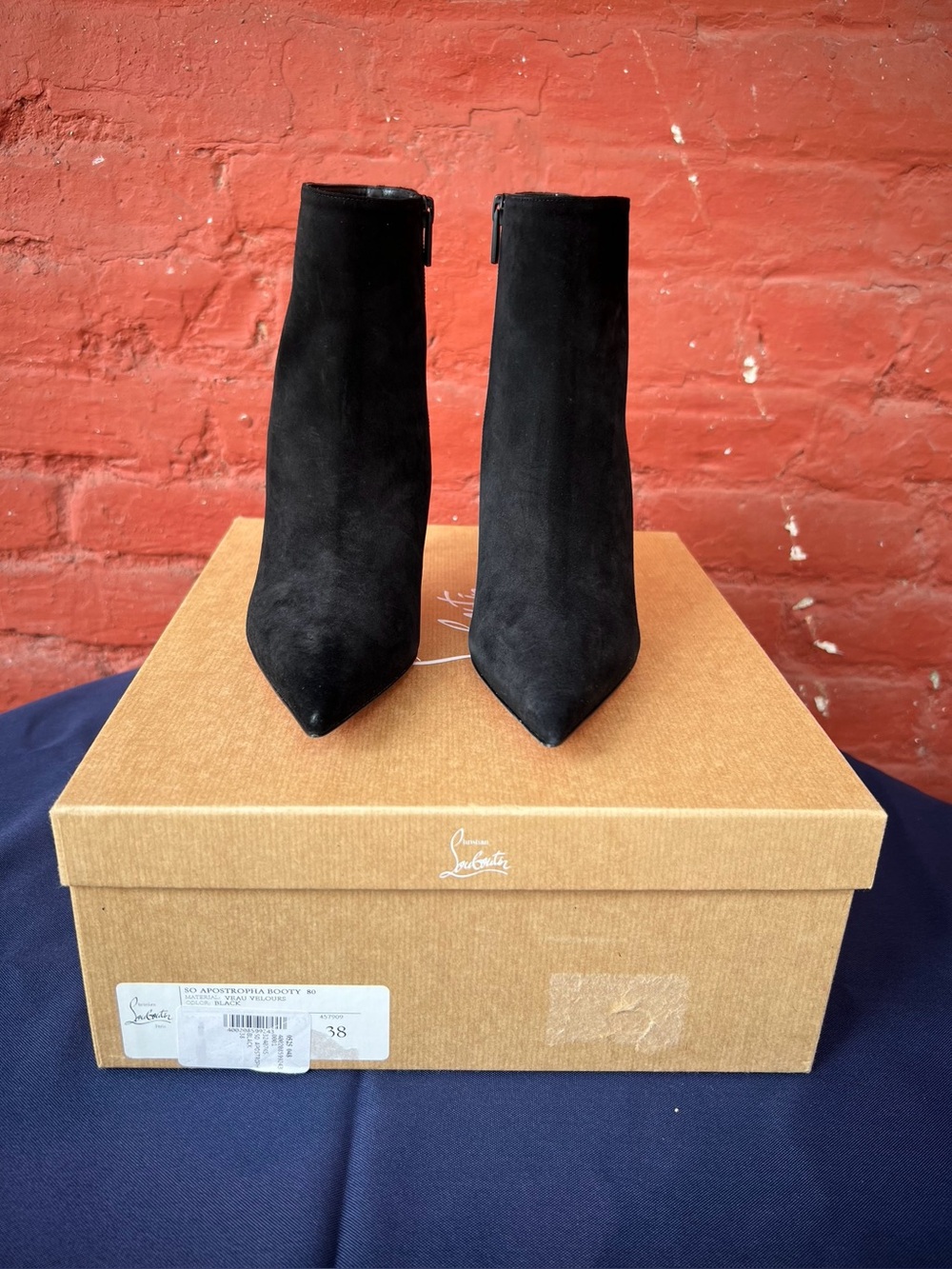 Christian Louboutin So Apostropha 80mm Booty in Black Suede, size 38 NWT